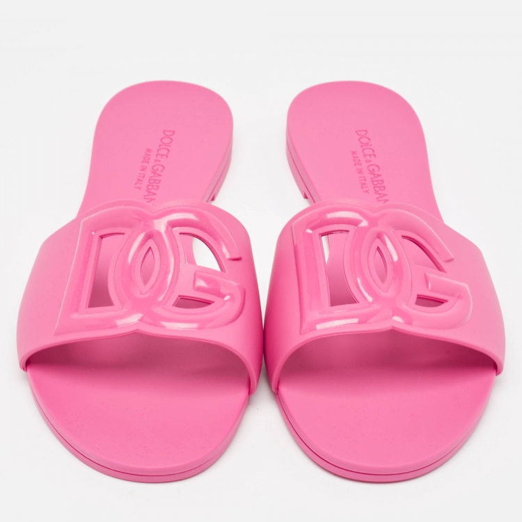 Pre Owned Dolce & Gabbana Pink Rubber DG Logo Flat Slides Size 36