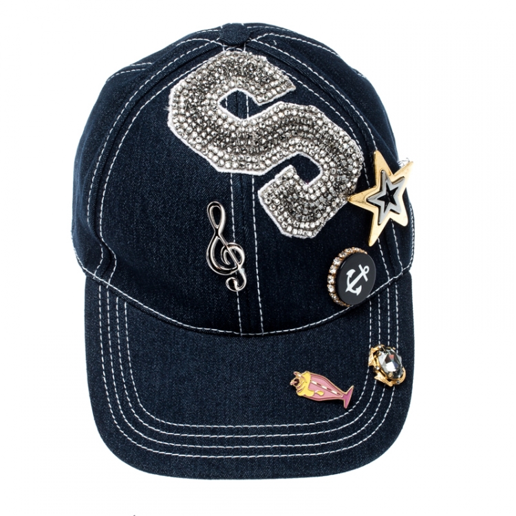 Pre Owned Dolce and Gabbana Indigo Denim Embellished Baseball Cap Size 59
