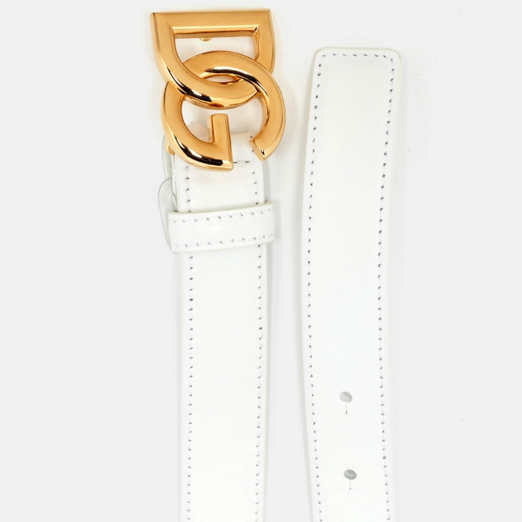 مملوكة مسبقًا Dolce & Gabbana White Leather DG Logo Slim Belt 80CM