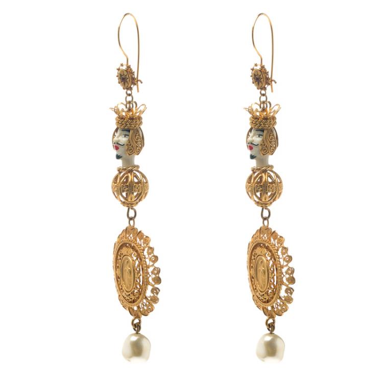 Pre Owned Dolce and Gabbana Marionette Ornate Gold Tone Filigree Long Hook Earrings
