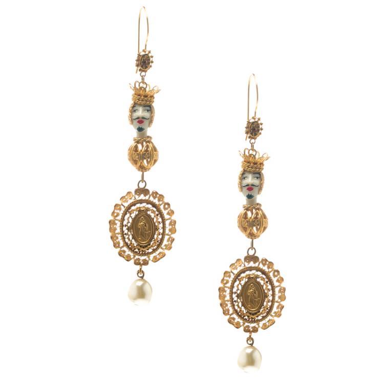 Pre Owned Dolce and Gabbana Marionette Ornate Gold Tone Filigree Long Hook Earrings