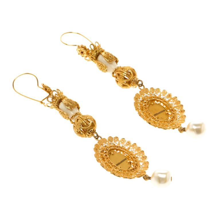 Pre Owned Dolce and Gabbana Marionette Ornate Gold Tone Filigree Long Hook Earrings