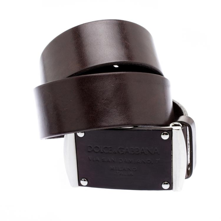 Pre Owned Dolce and Gabbana Brown Leather Logo Plaque Belt 95 CM