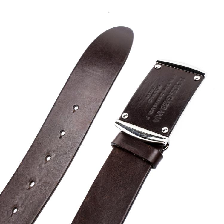 Pre Owned Dolce and Gabbana Brown Leather Logo Plaque Belt 95 CM