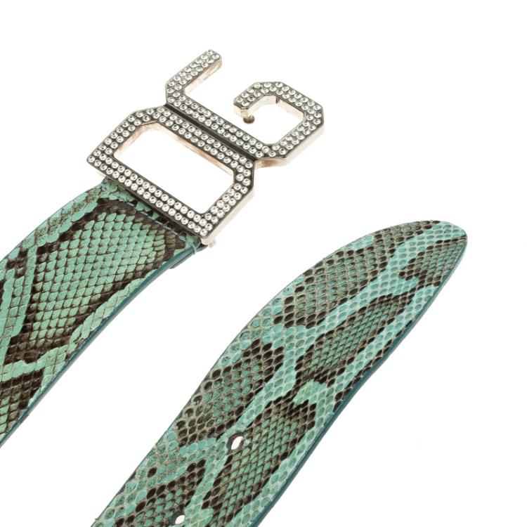 Pre Owned Dolce and Gabbana Green Snake Skin Crystal Embellished DG Buckle Belt 90cm