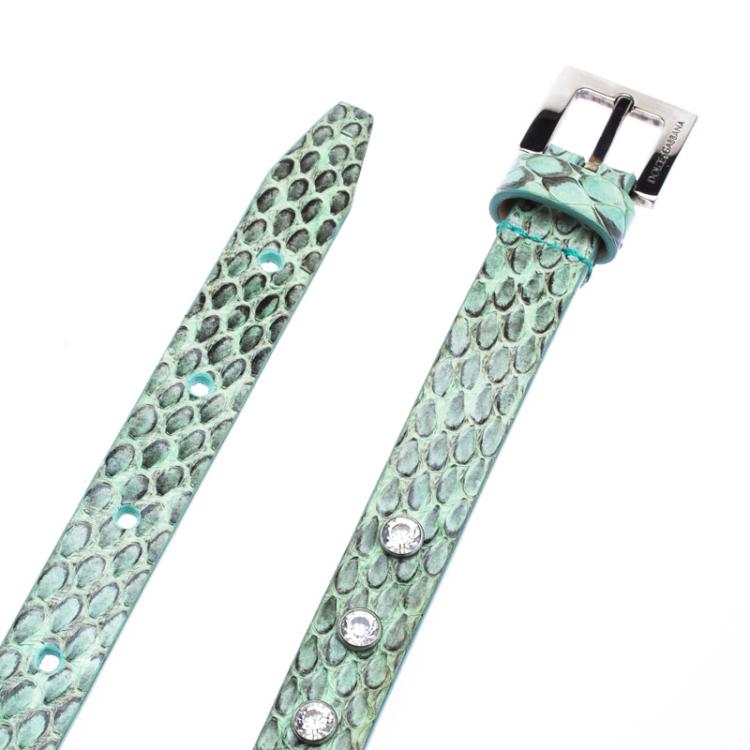 Pre Owned Dolce and Gabbana Green Snake Skin Crystal Embellished Skinny Belt 75cm