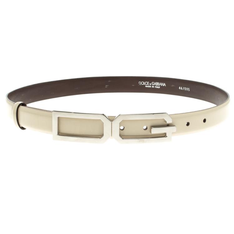 Pre Owned Dolce and Gabbana Off White Glossy Leather DG Logo Belt 85cm
