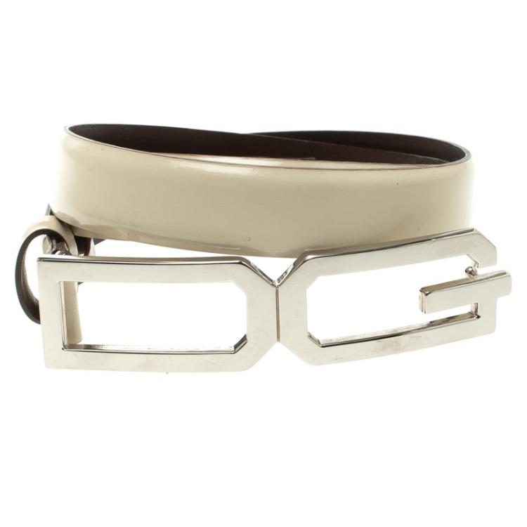 Pre Owned Dolce and Gabbana Off White Glossy Leather DG Logo Belt 85cm