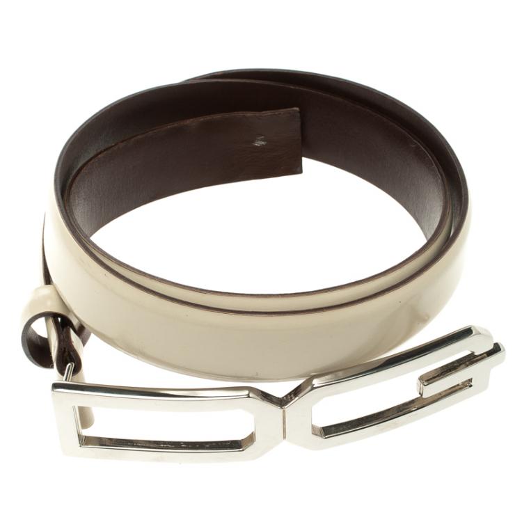 Pre Owned Dolce and Gabbana Off White Glossy Leather DG Logo Belt 85cm
