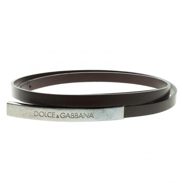 Pre Owned Dolce and Gabbana Dark Brown Leather Skinny Buckle Belt 85cm 