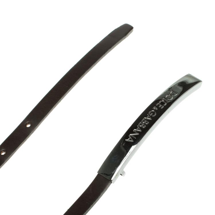 Pre Owned Dolce and Gabbana Dark Brown Leather Skinny Buckle Belt 85cm 