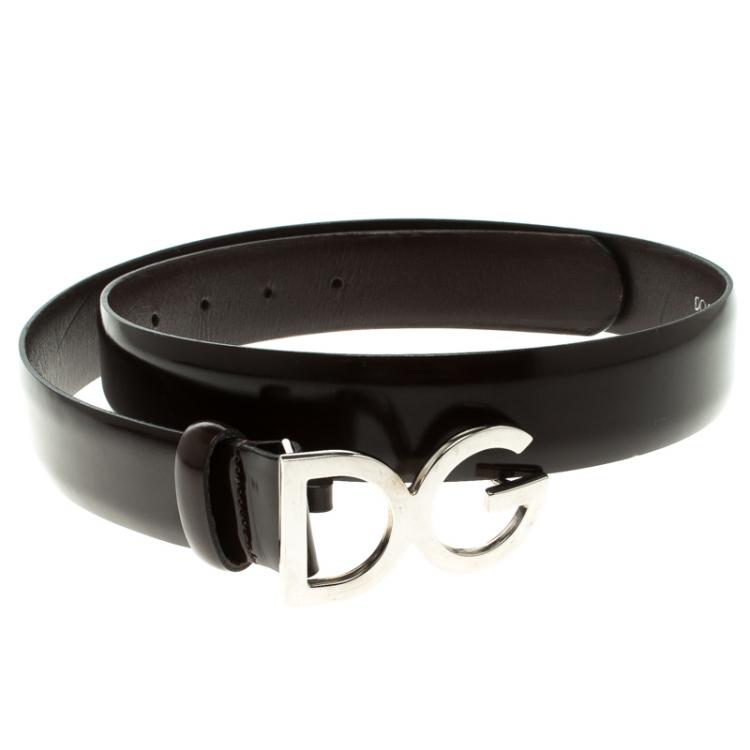 Pre Owned Dolce and Gabbana Dark Brown Glossy Leather DG Logo Buckle Belt 85cm