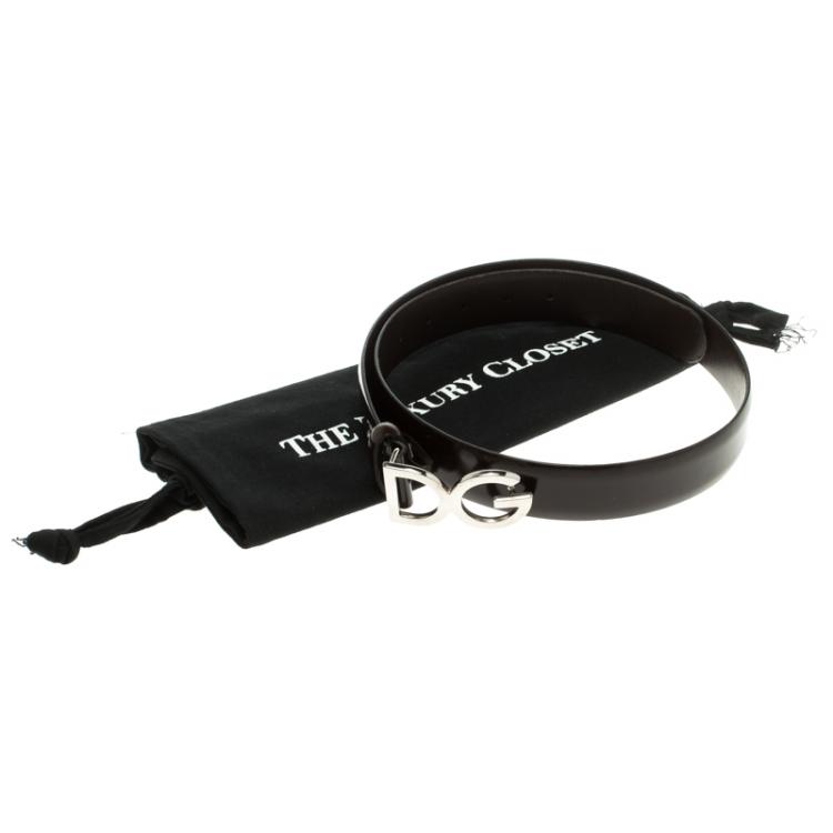Pre Owned Dolce and Gabbana Dark Brown Glossy Leather DG Logo Buckle Belt 85cm