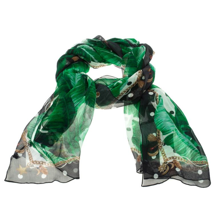 مملوكة مسبقًا Dolce and Gabbana Banana Leaf Print Crinkled Silk Chiffon Scarf