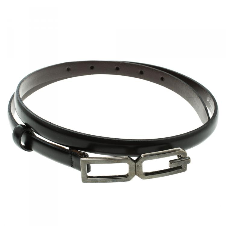 Pre Owned Dolce and Gabbana Black Glossy Leather Skinny DG Logo Belt 85cm
