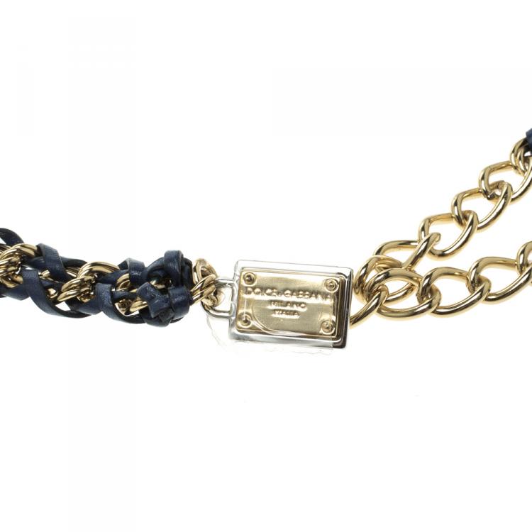 Pre Owned Dolce and Gabbana Navy Blue Braided Leather Gold Tone Chain Belt