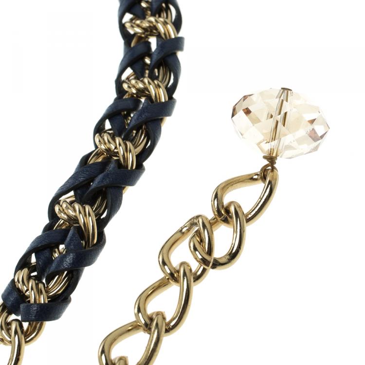 Pre Owned Dolce and Gabbana Navy Blue Braided Leather Gold Tone Chain Belt