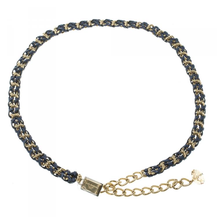Pre Owned Dolce and Gabbana Navy Blue Braided Leather Gold Tone Chain Belt