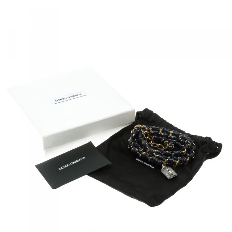 Pre Owned Dolce and Gabbana Navy Blue Braided Leather Gold Tone Chain Belt