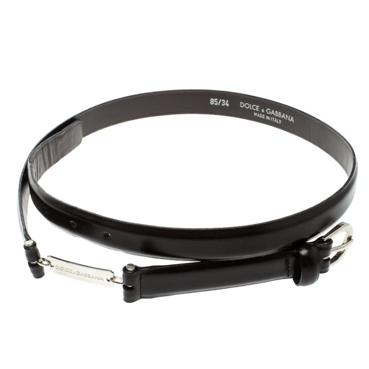 Pre Owned Dolce and Gabbana Dark Brown Glossy Leather Skinny Belt 85cm