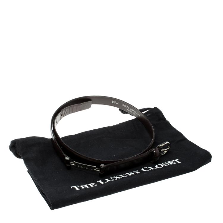 Pre Owned Dolce and Gabbana Dark Brown Glossy Leather Skinny Belt 85cm