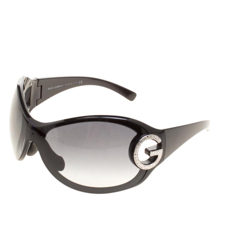 Pre Owned Dolce and Gabbana Black DG6024-B Crystal Embellished Shield Sunglasses