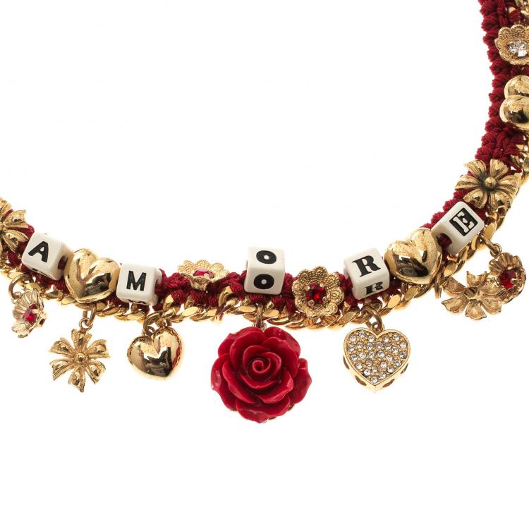 Pre Owned Dolce and Gabbana Amore Red Woven Gold Tone Choker Necklace