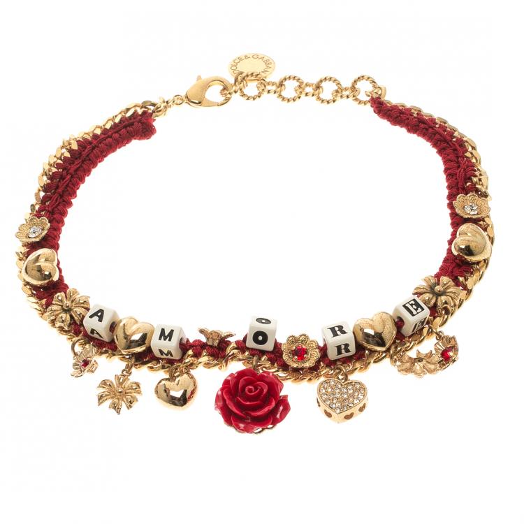 Pre Owned Dolce and Gabbana Amore Red Woven Gold Tone Choker Necklace
