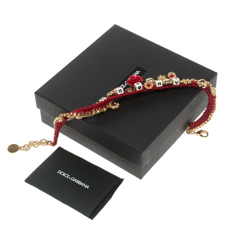 Pre Owned Dolce and Gabbana Amore Red Woven Gold Tone Choker Necklace