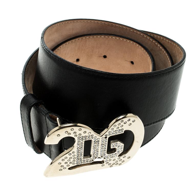 مملوكة مسبقًا Dolce And Gabbana Black Leather Crystal Embellished Logo Buckle Belt 85cm