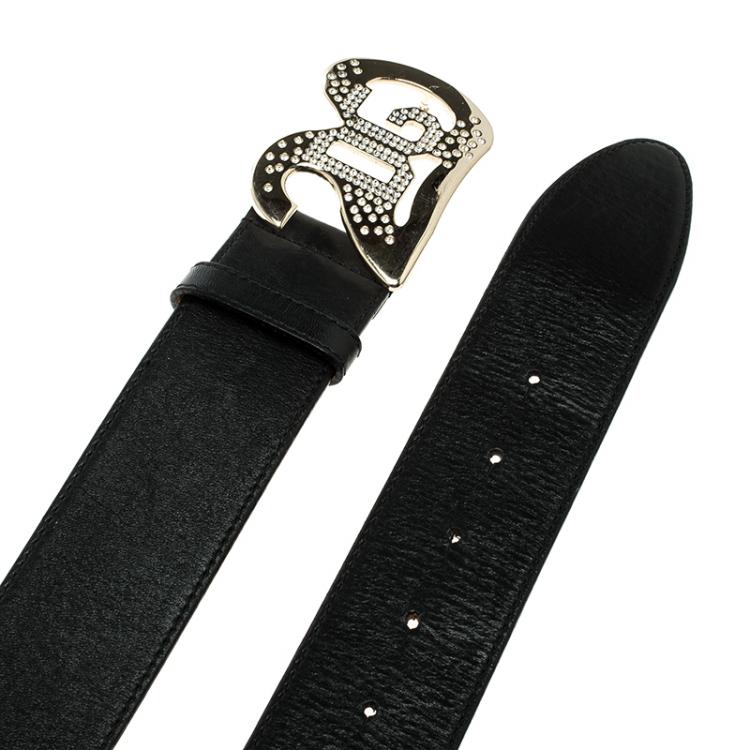 مملوكة مسبقًا Dolce And Gabbana Black Leather Crystal Embellished Logo Buckle Belt 85cm