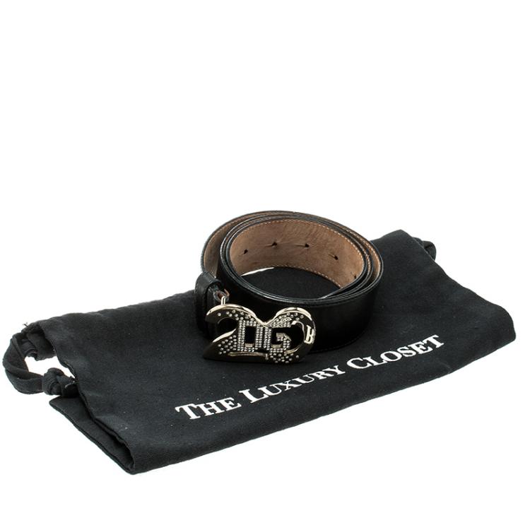 مملوكة مسبقًا Dolce And Gabbana Black Leather Crystal Embellished Logo Buckle Belt 85cm