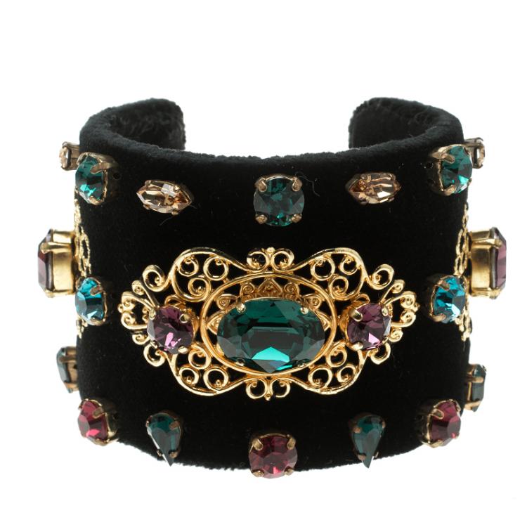 Dolce and Gabbana Black Velvet Crystal Embellished Open Cuff Bracelet ...
