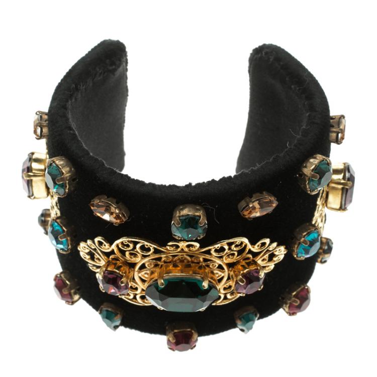 Pre Owned Dolce and Gabbana Black Velvet Crystal Embellished Open Cuff Bracelet