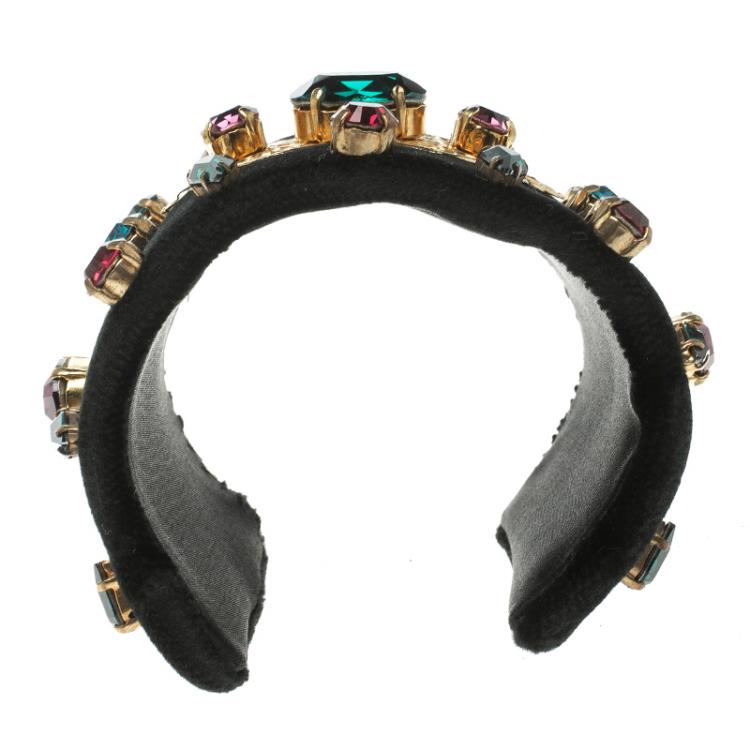 Pre Owned Dolce and Gabbana Black Velvet Crystal Embellished Open Cuff Bracelet