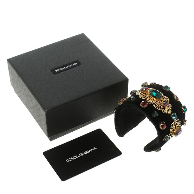 Pre Owned Dolce and Gabbana Black Velvet Crystal Embellished Open Cuff Bracelet