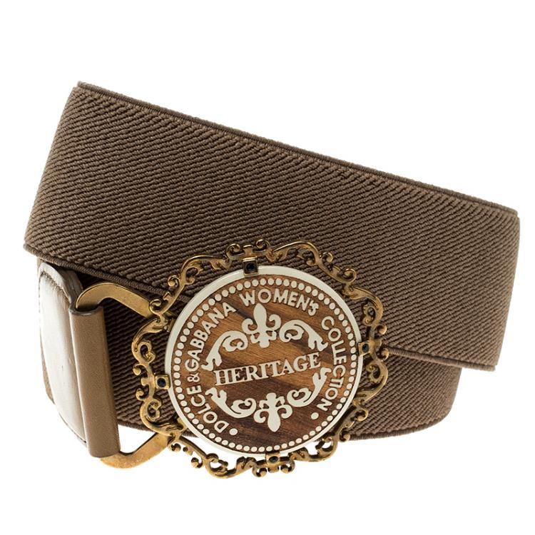 Pre Owned Dolce and Gabbana Dark Beige Canvas Elastic Heritage Waist Belt 75 CM