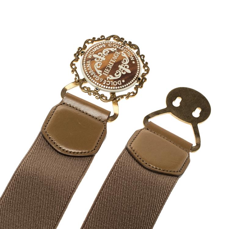 Pre Owned Dolce and Gabbana Dark Beige Canvas Elastic Heritage Waist Belt 75 CM