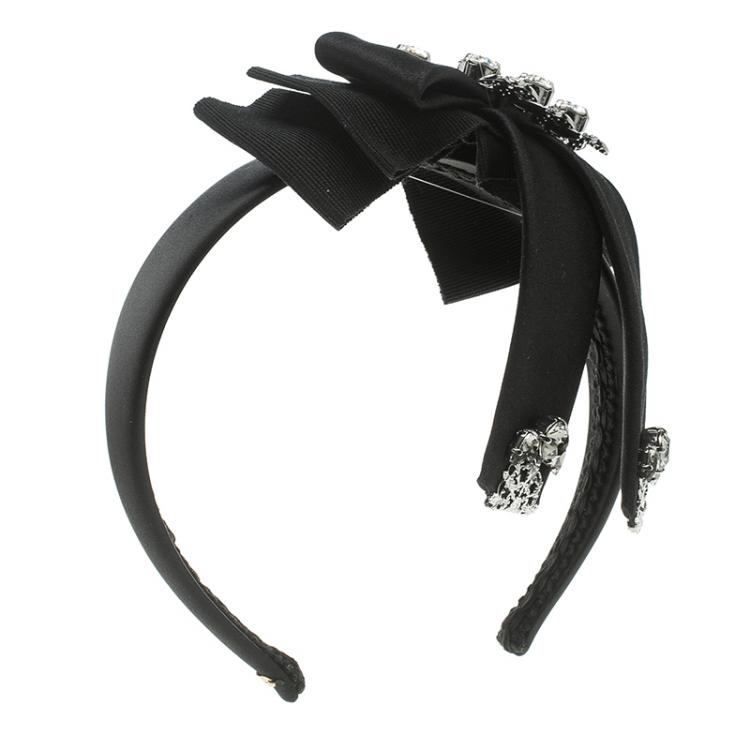Pre Owned Dolce and Gabbana Black Satin Crystal Embellished Bow Headband