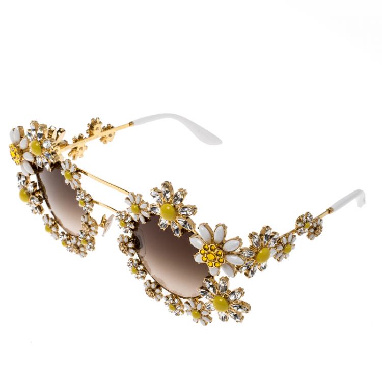 Pre Owned Dolce and Gabbana Gold Tone/Brown Gradient DG2153 -B Limited Edition Daisy Sunglasses