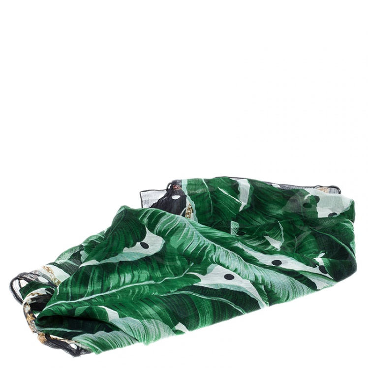 Pre Owned Dolce and Gabbana Banana Leaf Print Crinkled Silk Chiffon Scarf