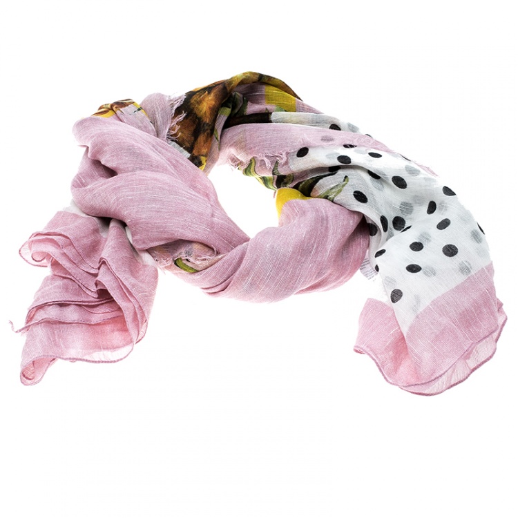 Pre Owned Dolce and Gabbana Multicolor Polka Dotted Pineapple Print Fringed Edge Scarf