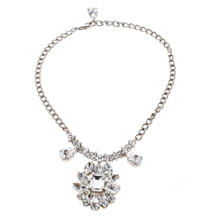 Pre Owned Dolce and Gabbana Crystal Flower Silver Tone Necklace
