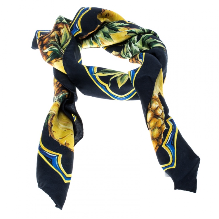 Pre Owned Dolce and Gabbana Pineapple Print Striped Silk Square Scarf