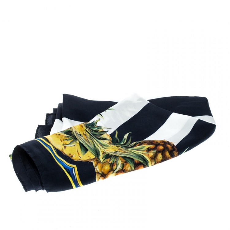 Pre Owned Dolce and Gabbana Pineapple Print Striped Silk Square Scarf