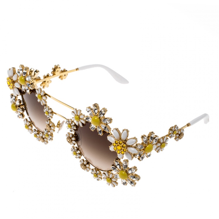 Pre Owned Dolce and Gabbana Gold Tone/Brown Gradient DG2153 -B Limited Edition Daisy Sunglasses