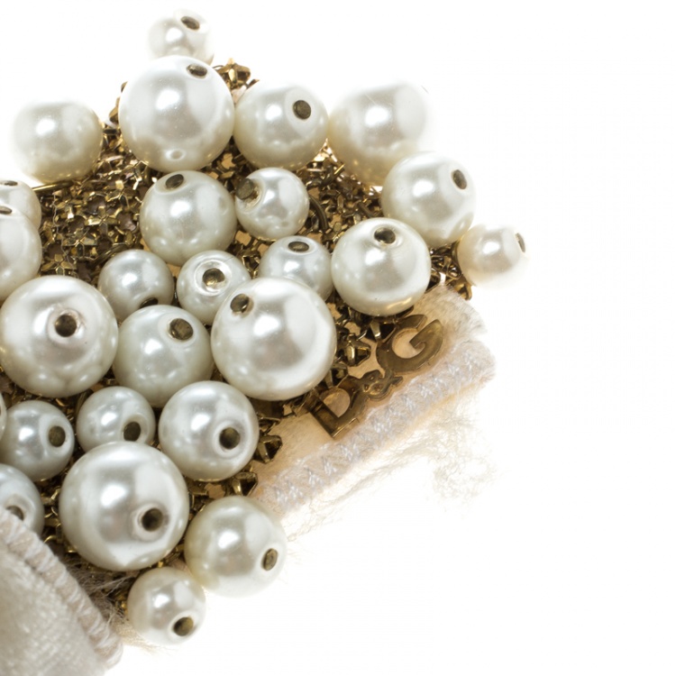 Pre Owned Dolce and Gabbana White Faux Pearl Embellished Cream Bow Brooch