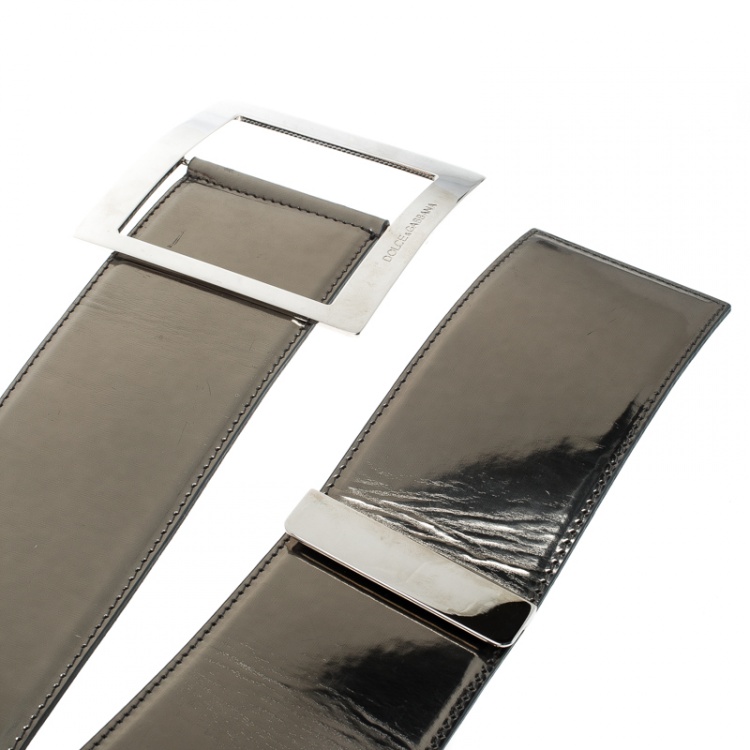 Pre Owned Dolce and Gabbana Metallic Grey Patent Leather Waist Belt 90cm