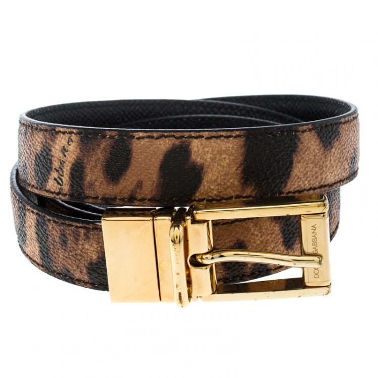 Pre Owned Dolce and Gabbana Brown Leopard Print Leather Belt 85cm