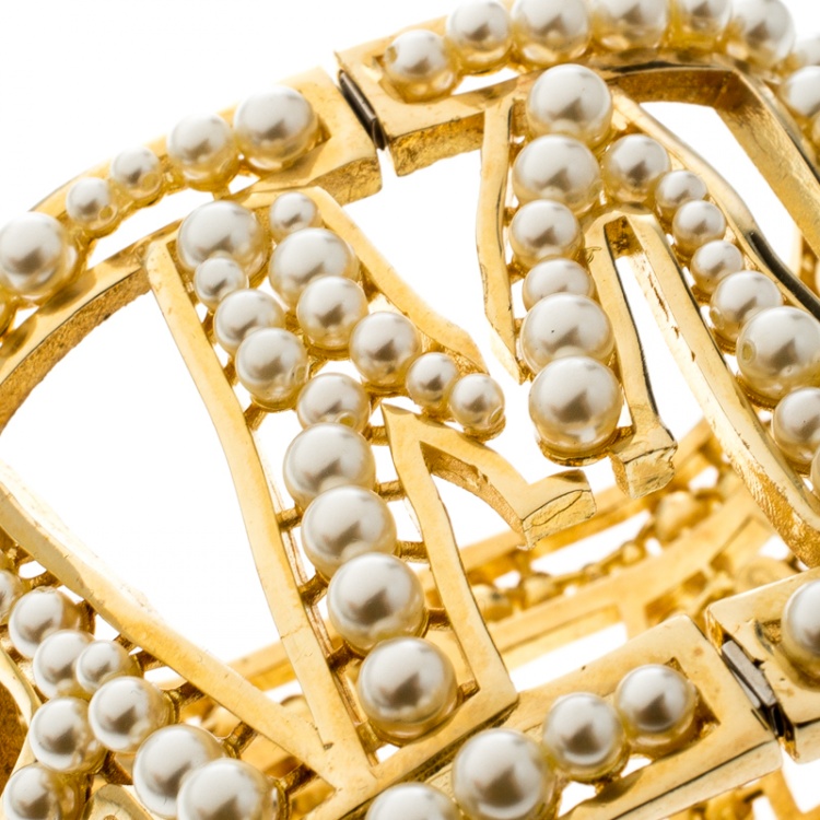 Pre Owned Dolce and Gabbana Mama Faux Pearl Embellished Gold Tone Wide Cuff Bracelet